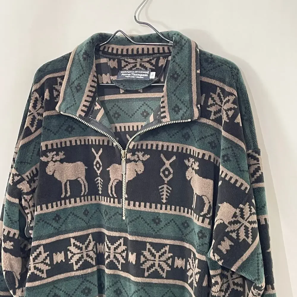 Norm Thompson Velour Pullover Moose Fair Isle 1/2 Zip Sweatshirt Shacket Large - Picture 6 of 12